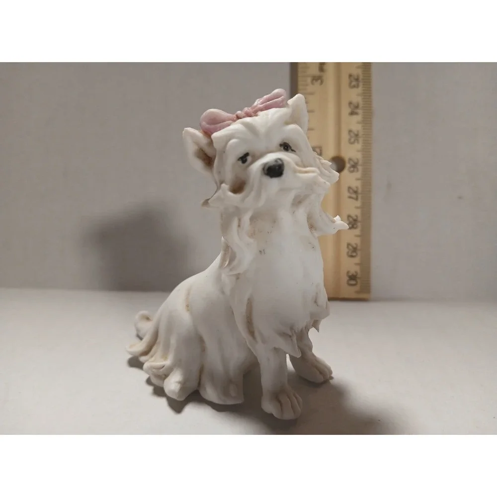 Antique Porcelain‎ White Pink Bow Dog Italian Figurine, Tiche Company,